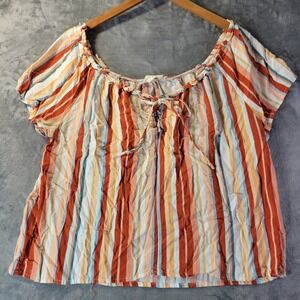 Pink Republic Womens XXL Multicolor Striped Peasant Blouse Boho Casual Top